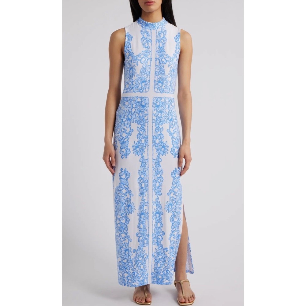 Lilly Pulitzer Wellington Blue White Maxi Dress sz M Side Slits Sleeveless